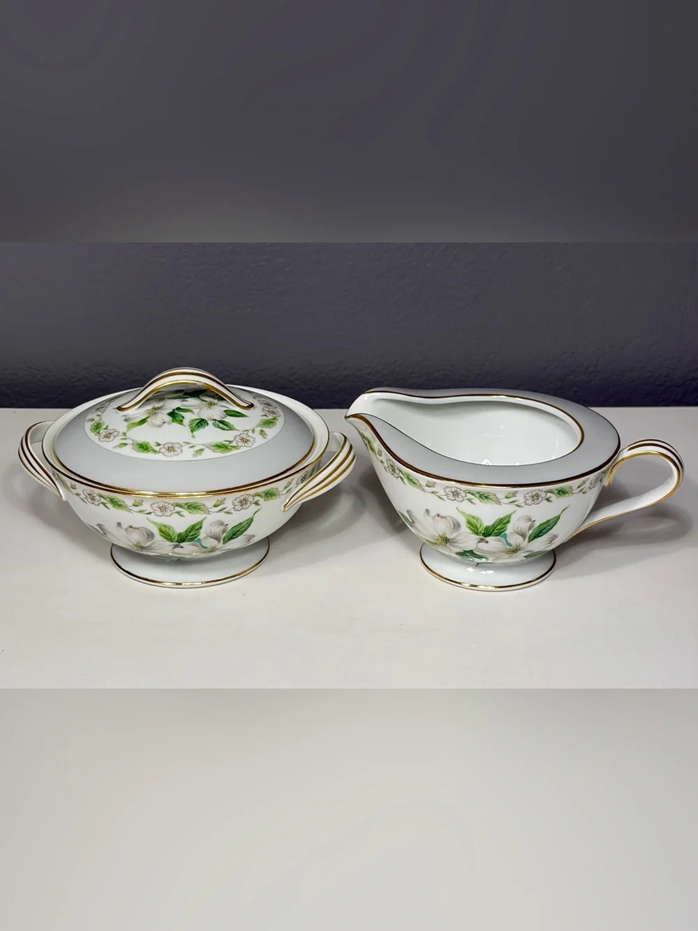 Vintage Noritake China Japan Edgemont 5216 Creamer & Sugar Set Floral Dogwood